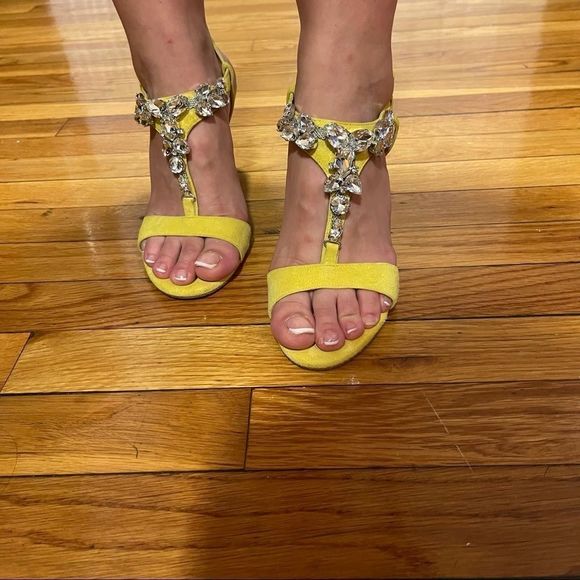 Isabella Lorusso Suede Yellow Rhinestone Sandals - Picture 1 of 6